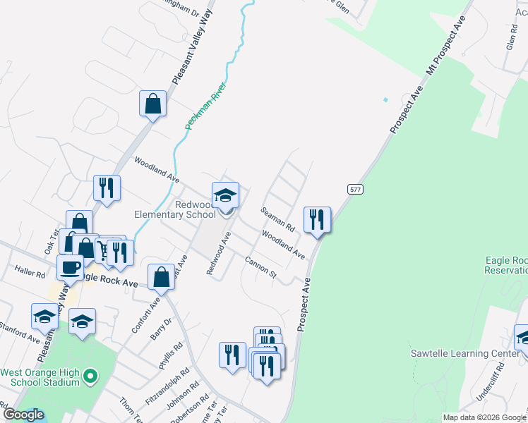 map of restaurants, bars, coffee shops, grocery stores, and more near 42 Seaman Road in West Orange