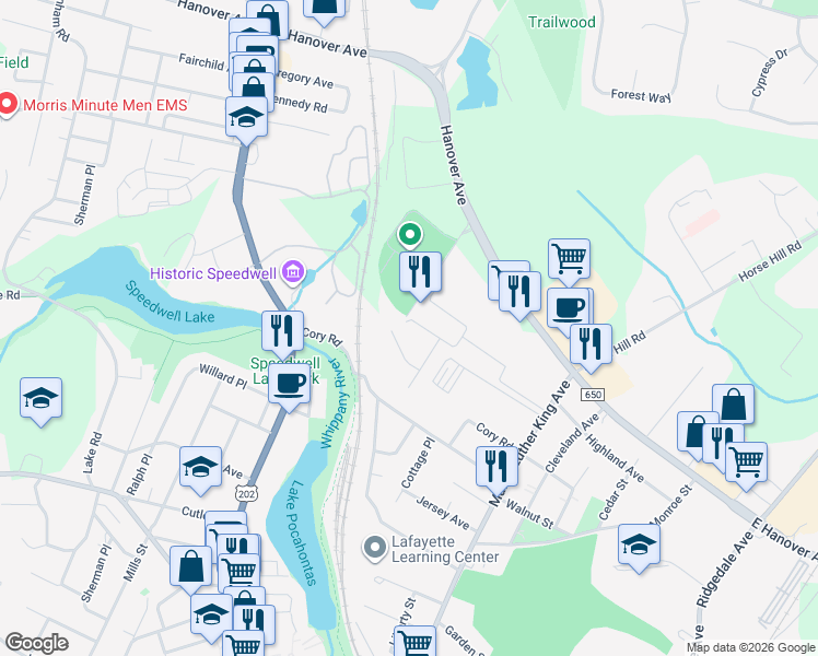 map of restaurants, bars, coffee shops, grocery stores, and more near 4 Gerhard Place in Morristown