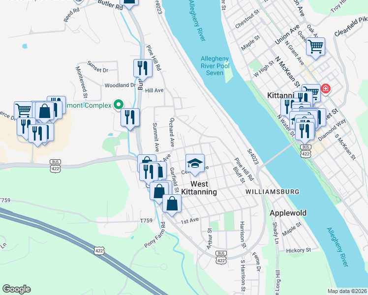 map of restaurants, bars, coffee shops, grocery stores, and more near 215 Northern Avenue in Kittanning