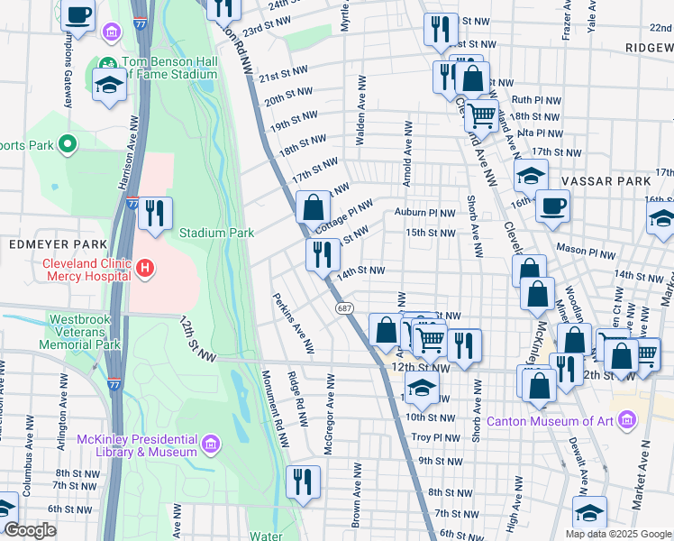map of restaurants, bars, coffee shops, grocery stores, and more near 1335 14th Street Northwest in Canton