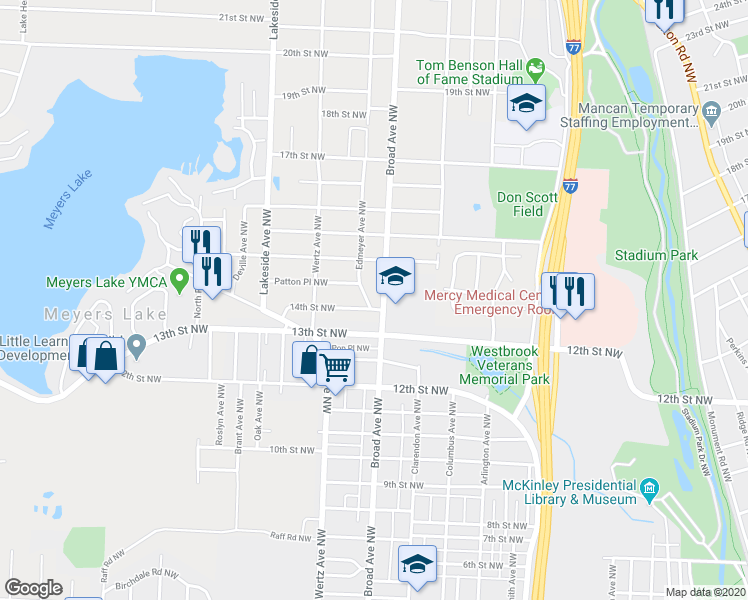 map of restaurants, bars, coffee shops, grocery stores, and more near 1409 Broad Avenue Northwest in Canton
