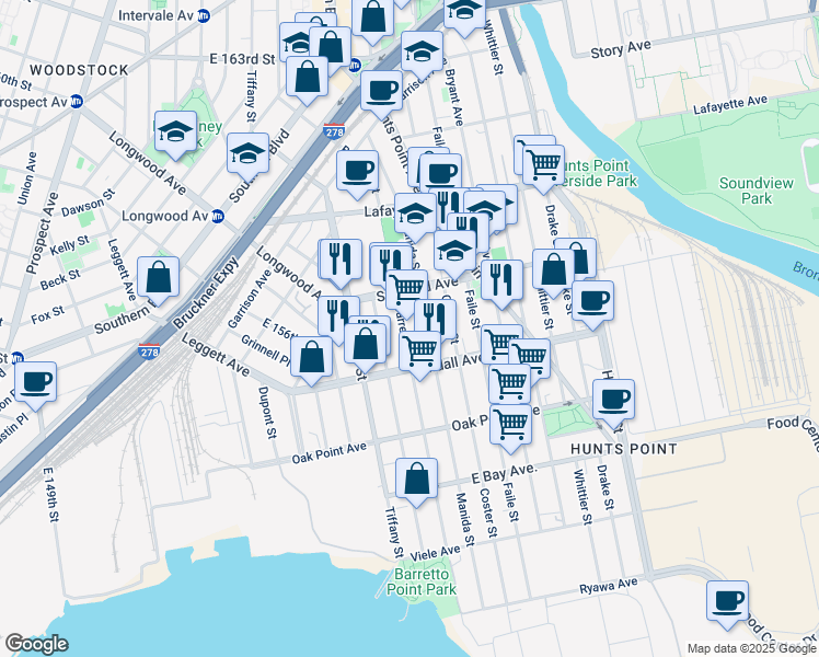 map of restaurants, bars, coffee shops, grocery stores, and more near 640 Barretto Street in The Bronx