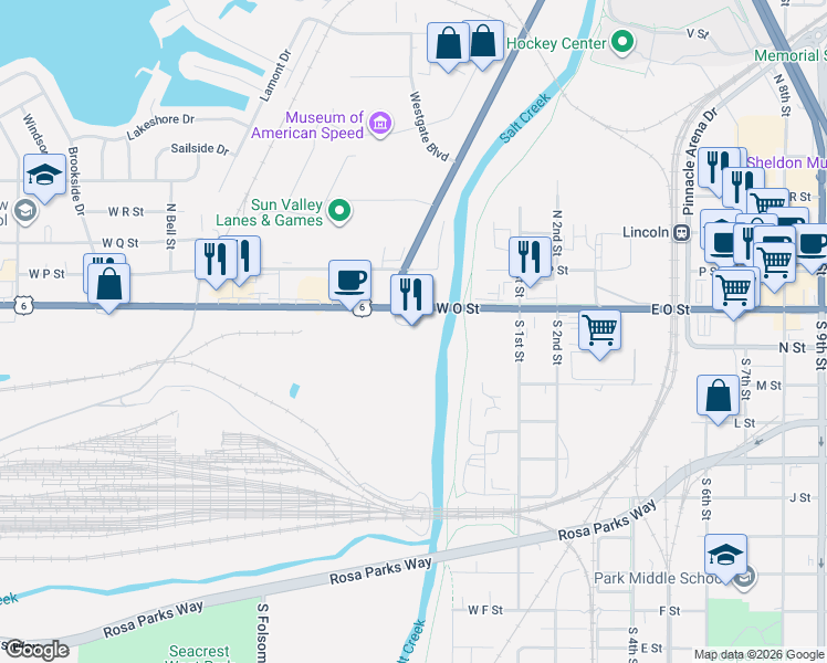 map of restaurants, bars, coffee shops, grocery stores, and more near 345 West O Street in Lincoln