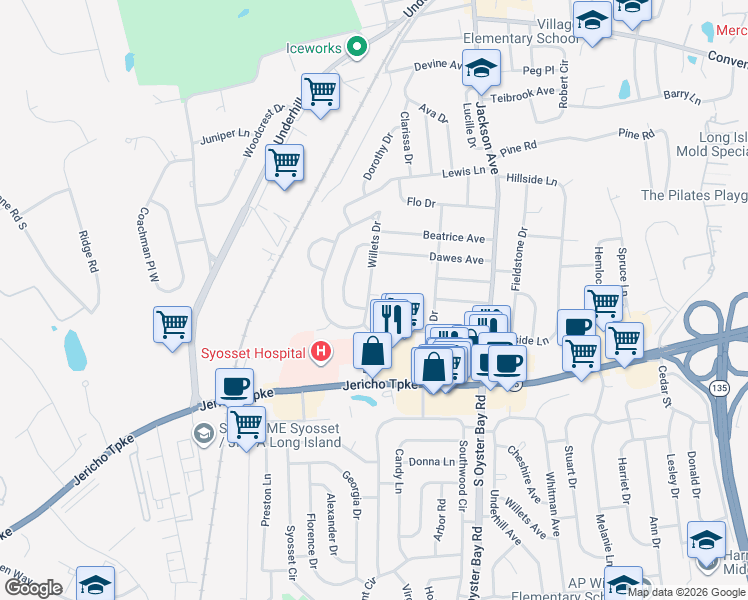 map of restaurants, bars, coffee shops, grocery stores, and more near 53 Dorcas Avenue in Syosset