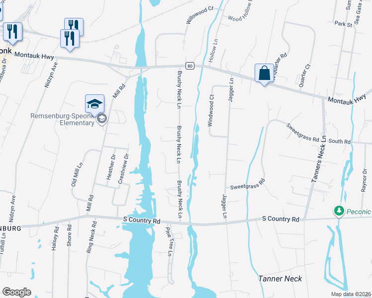 map of restaurants, bars, coffee shops, grocery stores, and more near 22 Brushy Neck Lane in Westhampton
