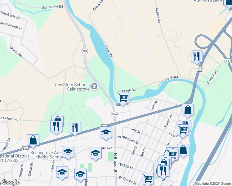 map of restaurants, bars, coffee shops, grocery stores, and more near 134 Creek Road in Selinsgrove