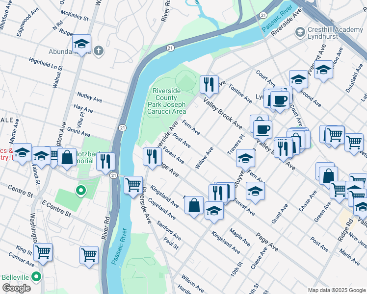 map of restaurants, bars, coffee shops, grocery stores, and more near 139 Post Avenue in Lyndhurst