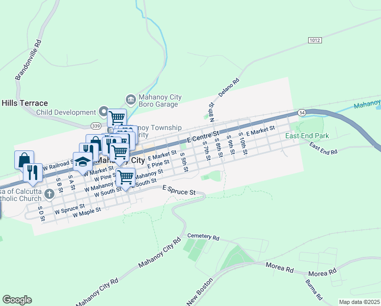 map of restaurants, bars, coffee shops, grocery stores, and more near 529 East Pine Street in Mahanoy City