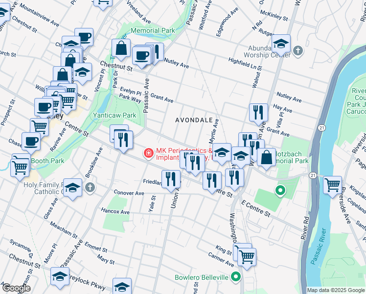 map of restaurants, bars, coffee shops, grocery stores, and more near 285 Park Avenue in Nutley
