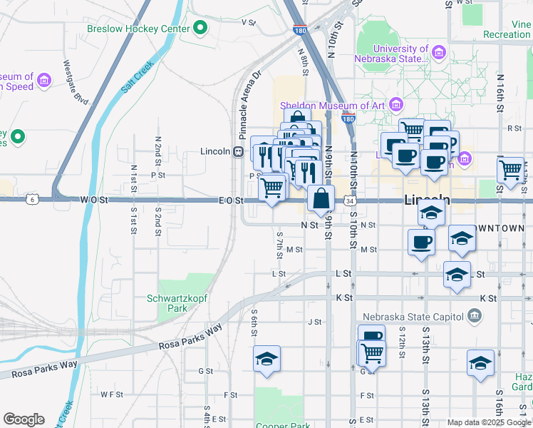 map of restaurants, bars, coffee shops, grocery stores, and more near 660 N Street in Lincoln