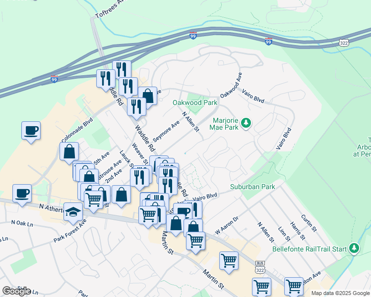 map of restaurants, bars, coffee shops, grocery stores, and more near 243 Bolton Avenue in State College