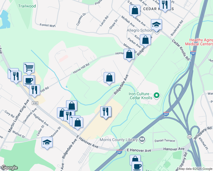 map of restaurants, bars, coffee shops, grocery stores, and more near 164 Vista Drive in Hanover