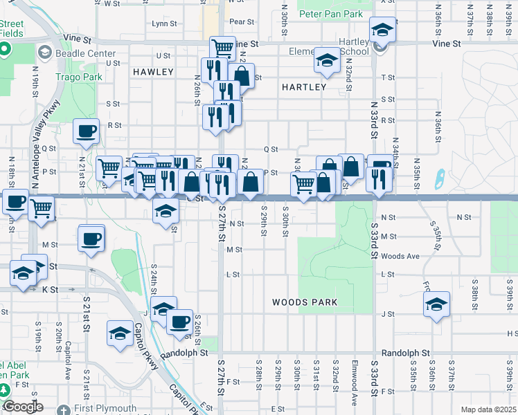 map of restaurants, bars, coffee shops, grocery stores, and more near 2911 O Street in Lincoln