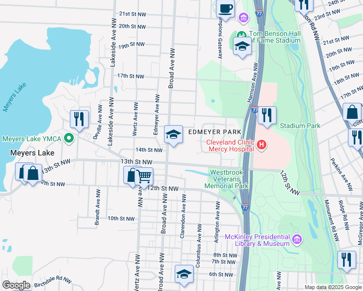 map of restaurants, bars, coffee shops, grocery stores, and more near 1400 Broad Avenue Northwest in Canton
