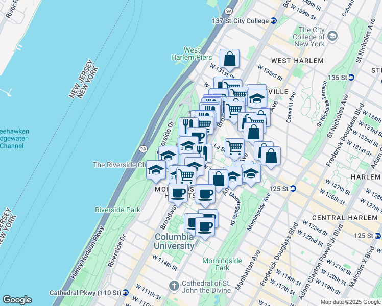 map of restaurants, bars, coffee shops, grocery stores, and more near 140 Claremont Avenue in New York