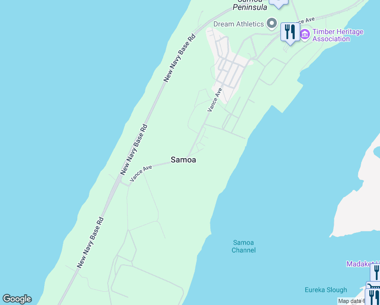 map of restaurants, bars, coffee shops, grocery stores, and more near Vance Avenue in Samoa