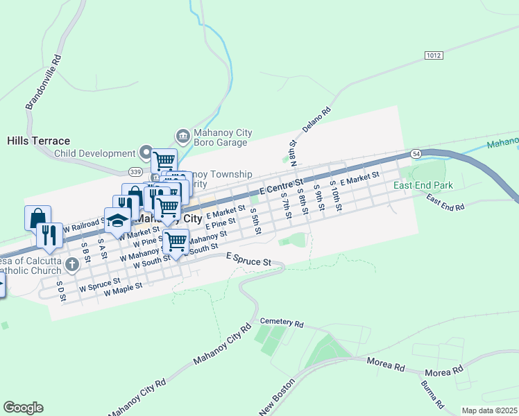 map of restaurants, bars, coffee shops, grocery stores, and more near 515 East Pine Street in Mahanoy City