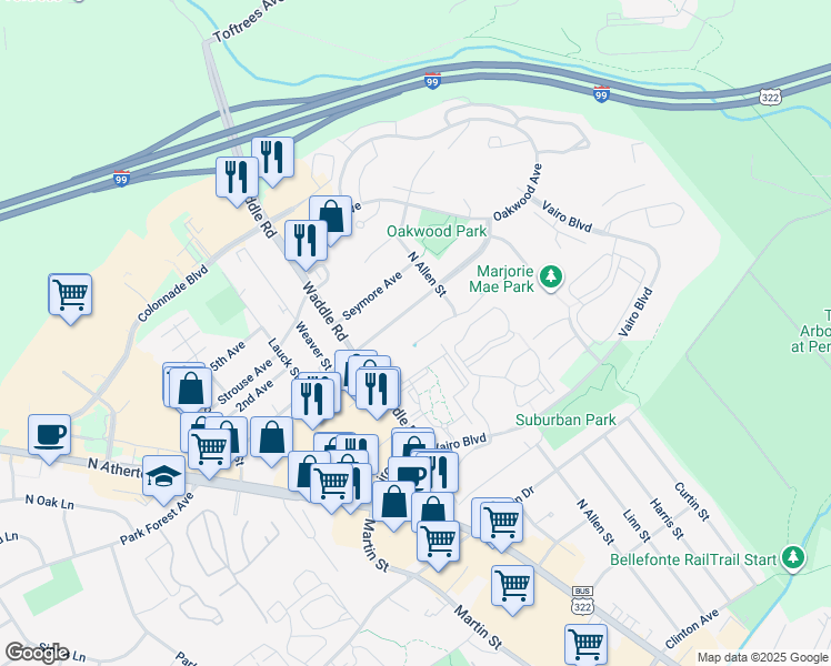 map of restaurants, bars, coffee shops, grocery stores, and more near 243 Bolton Avenue in State College