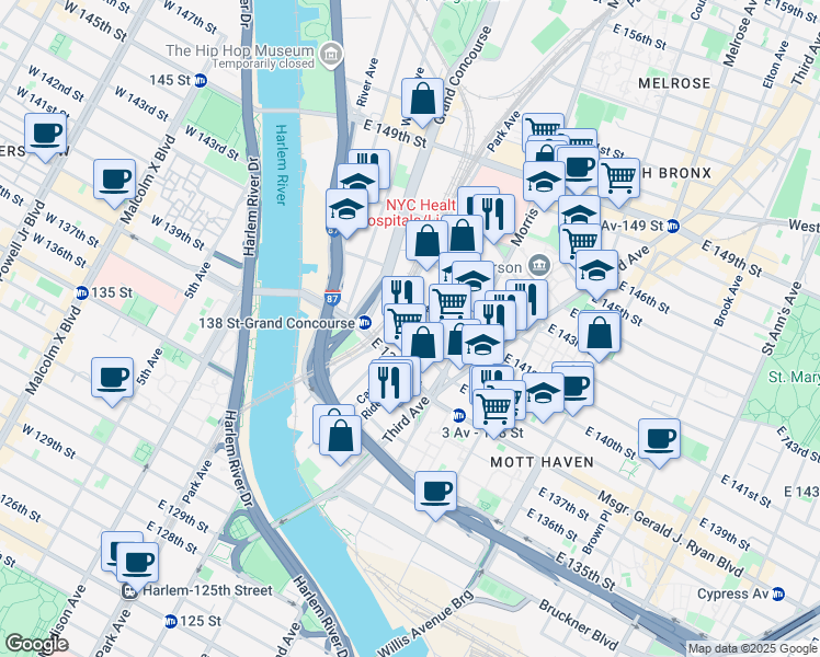 map of restaurants, bars, coffee shops, grocery stores, and more near 305 Canal Place in The Bronx