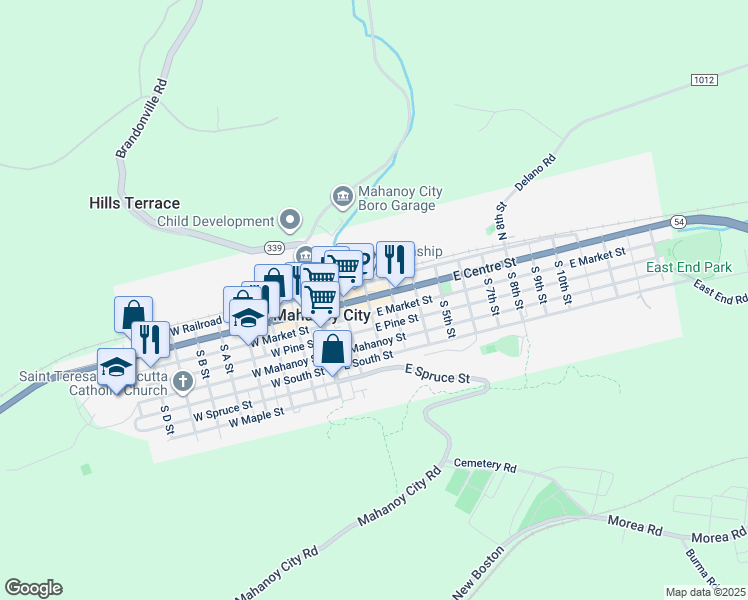 map of restaurants, bars, coffee shops, grocery stores, and more near 224 East Centre Street in Mahanoy City