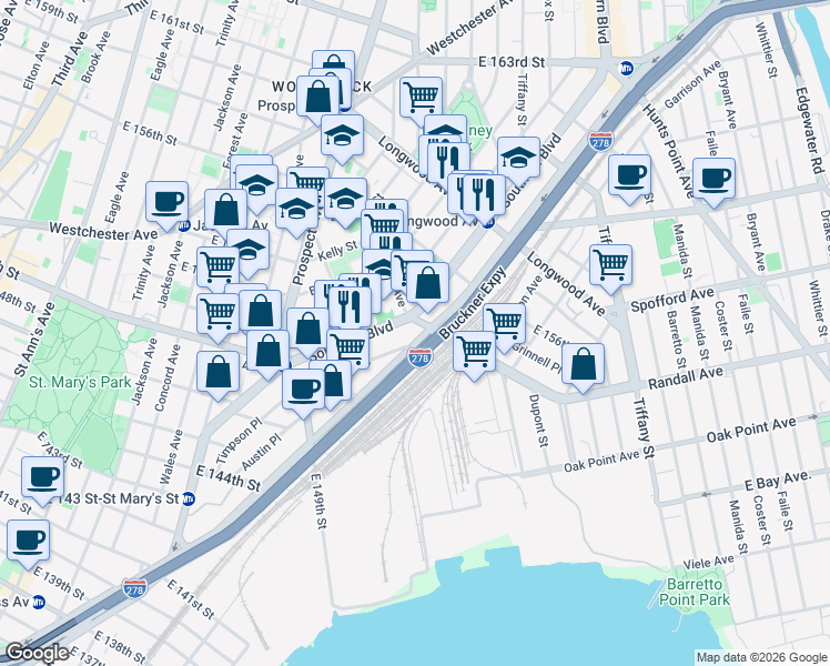 map of restaurants, bars, coffee shops, grocery stores, and more near in Bronx