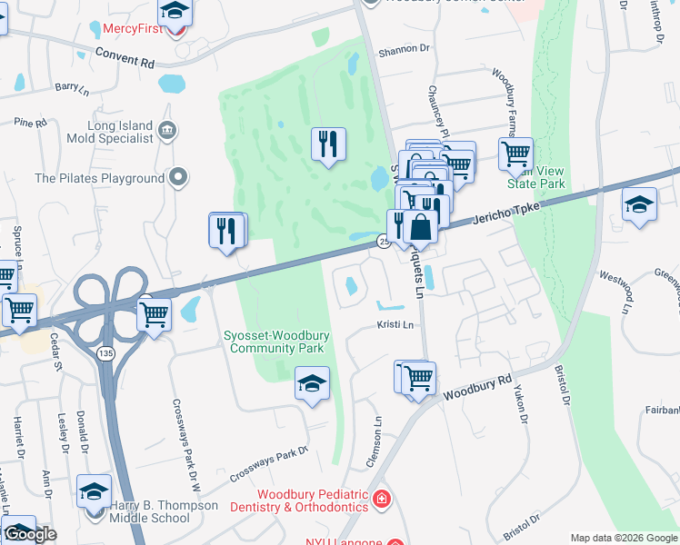 map of restaurants, bars, coffee shops, grocery stores, and more near 27 Chestnut Lane in Woodbury