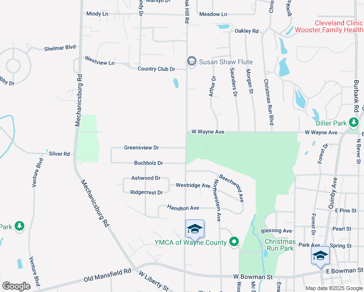 map of restaurants, bars, coffee shops, grocery stores, and more near 811 Greensview Drive in Wooster
