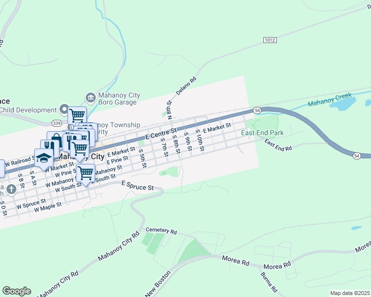 map of restaurants, bars, coffee shops, grocery stores, and more near 827 East Mahanoy Street in Mahanoy City