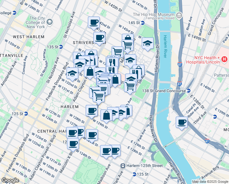 map of restaurants, bars, coffee shops, grocery stores, and more near 34 West 135th Street in New York