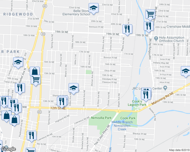 map of restaurants, bars, coffee shops, grocery stores, and more near 1410 15th Street Northeast in Canton
