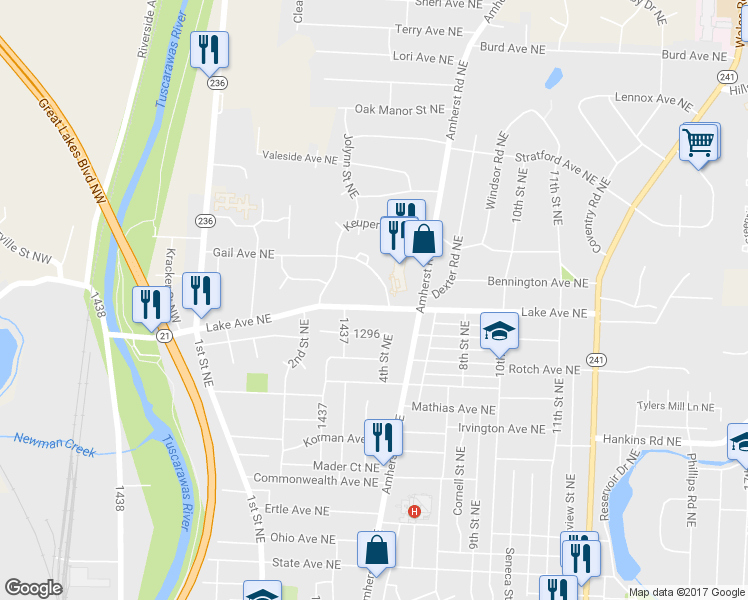 map of restaurants, bars, coffee shops, grocery stores, and more near 412 Lake Avenue Northeast in Massillon