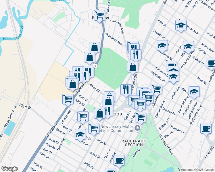 map of restaurants, bars, coffee shops, grocery stores, and more near 9128 Newkirk Avenue in North Bergen