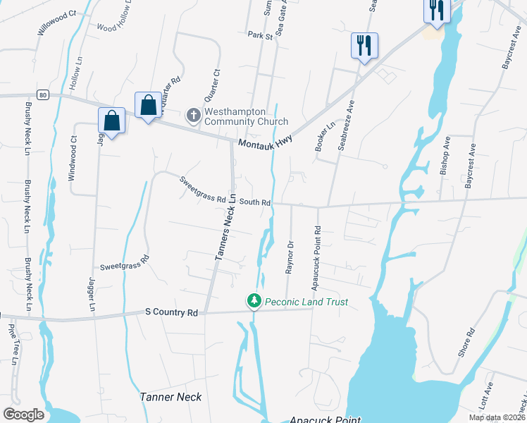 map of restaurants, bars, coffee shops, grocery stores, and more near 161 South Road in Westhampton