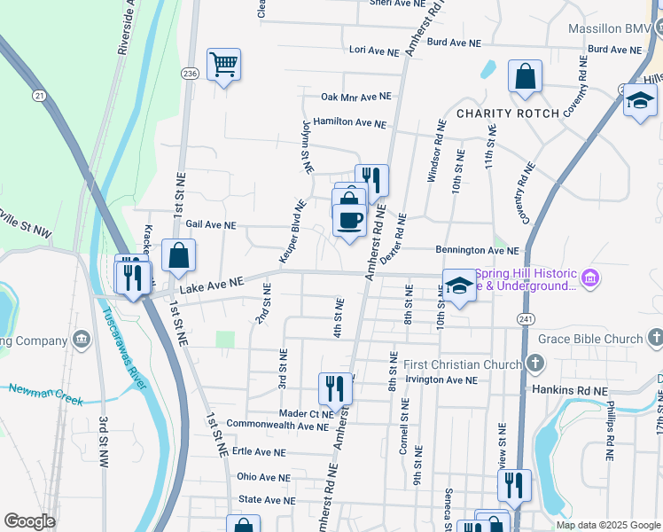 map of restaurants, bars, coffee shops, grocery stores, and more near 438 Lake Avenue Northeast in Massillon