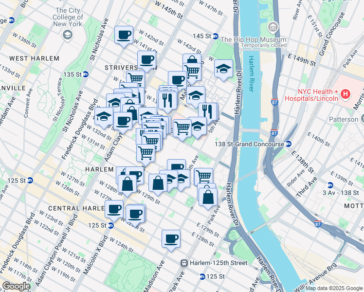 map of restaurants, bars, coffee shops, grocery stores, and more near 24 West 135th Street in New York