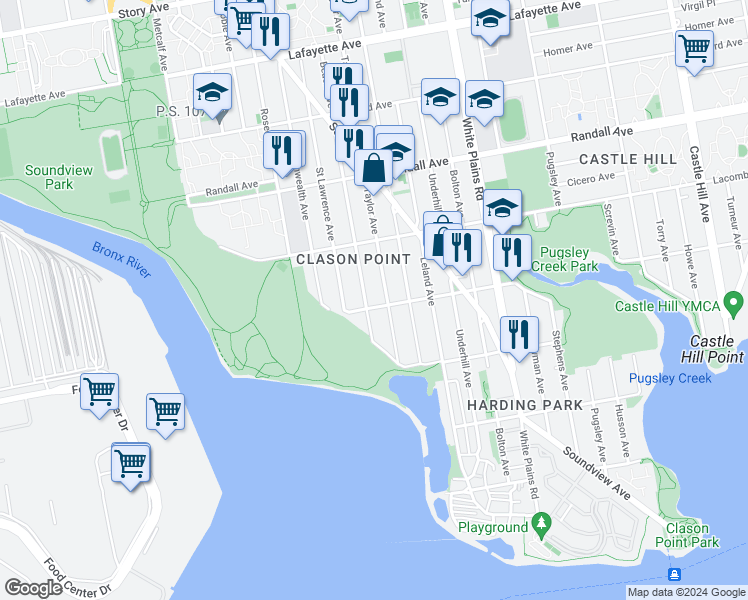 map of restaurants, bars, coffee shops, grocery stores, and more near 416 Beach Avenue in Bronx