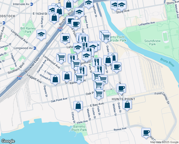 map of restaurants, bars, coffee shops, grocery stores, and more near 648 Coster Street in Bronx
