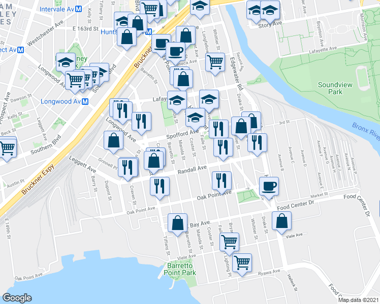 map of restaurants, bars, coffee shops, grocery stores, and more near 648 Coster Street in The Bronx