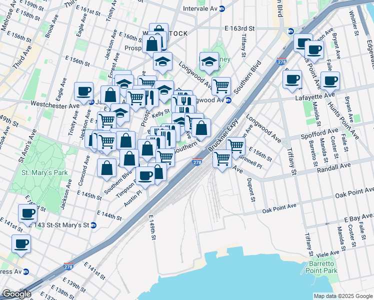 map of restaurants, bars, coffee shops, grocery stores, and more near 651 Southern Boulevard in Bronx