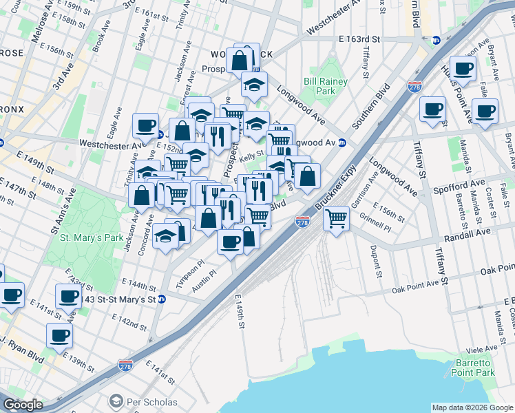 map of restaurants, bars, coffee shops, grocery stores, and more near 1012 Avenue Saint John in Bronx