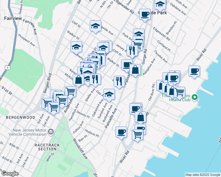 map of restaurants, bars, coffee shops, grocery stores, and more near 235 Washington Place in Cliffside Park