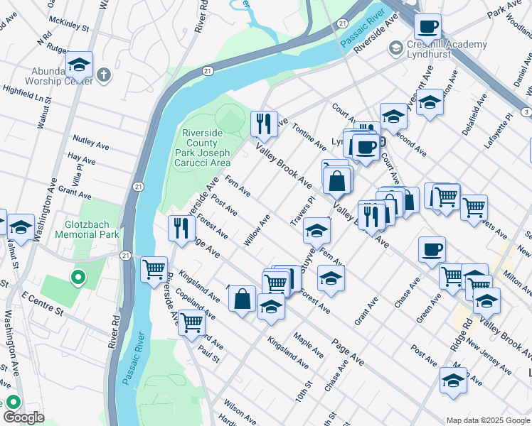 map of restaurants, bars, coffee shops, grocery stores, and more near 167 Fern Avenue in Lyndhurst