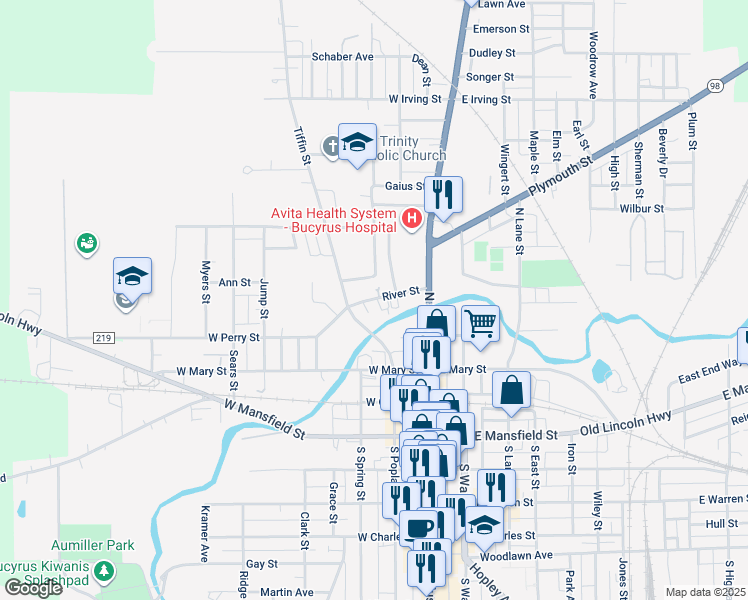map of restaurants, bars, coffee shops, grocery stores, and more near 311 Pleasant Hill Drive in Bucyrus