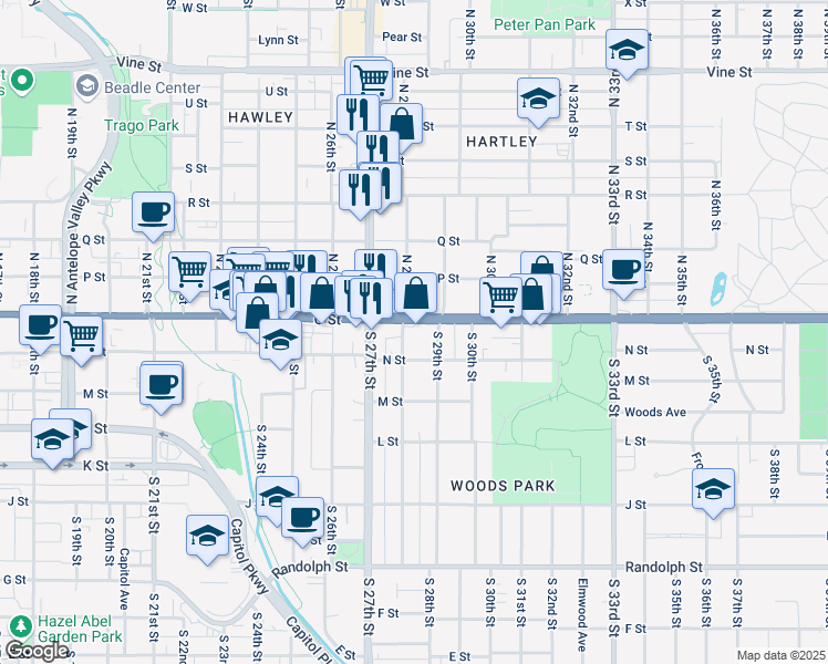map of restaurants, bars, coffee shops, grocery stores, and more near 2756 O Street in Lincoln
