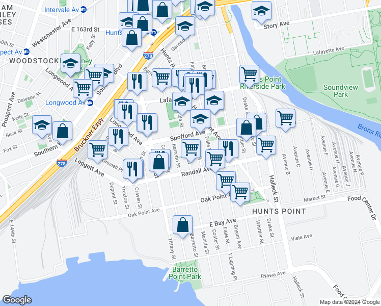 map of restaurants, bars, coffee shops, grocery stores, and more near 644 Manida Street in Bronx