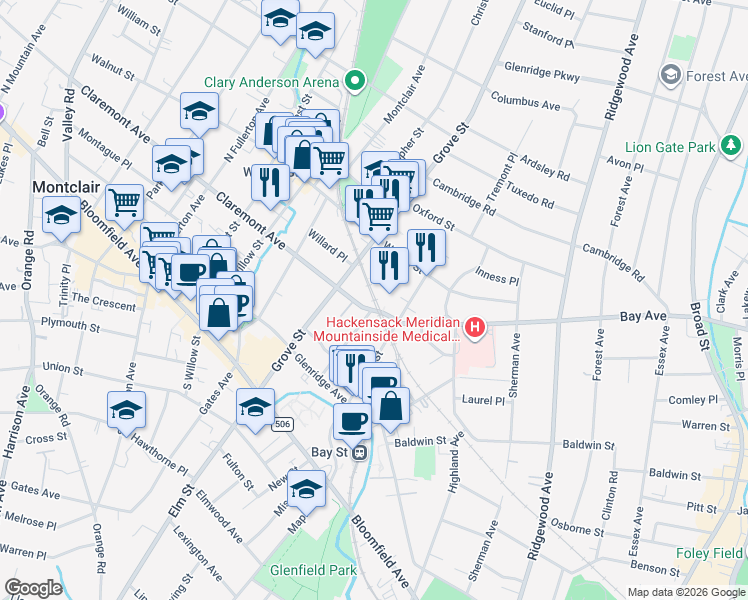 map of restaurants, bars, coffee shops, grocery stores, and more near 103 Grove Street in Montclair