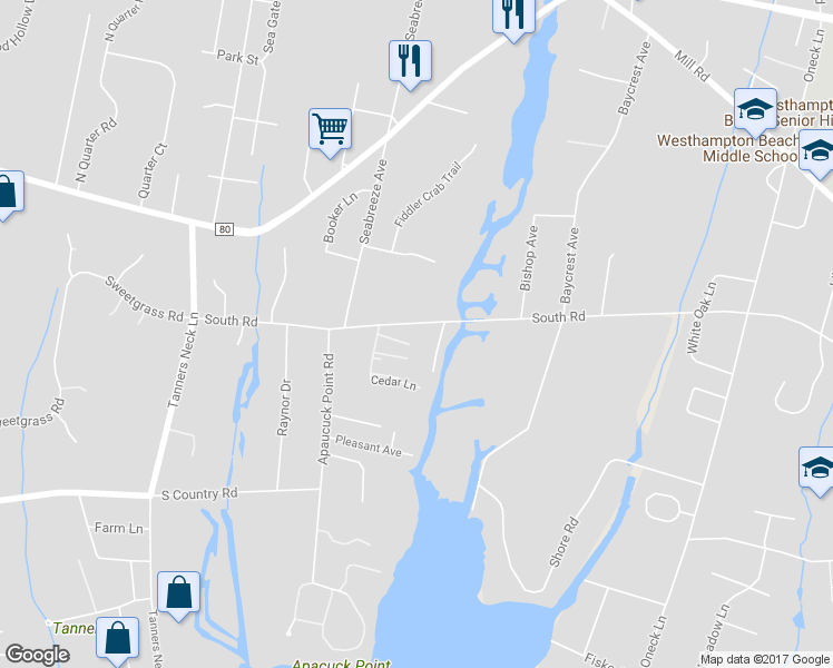 map of restaurants, bars, coffee shops, grocery stores, and more near 136 South Road in Westhampton