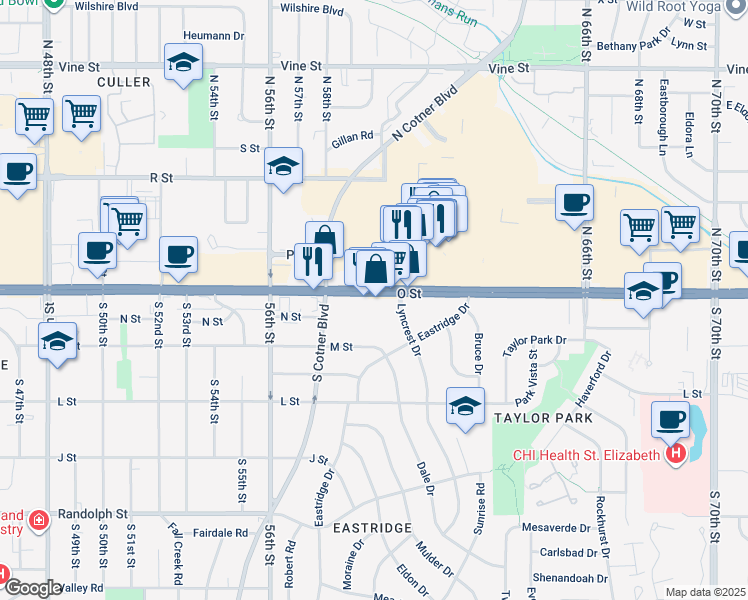 map of restaurants, bars, coffee shops, grocery stores, and more near 6005 O Street in Lincoln