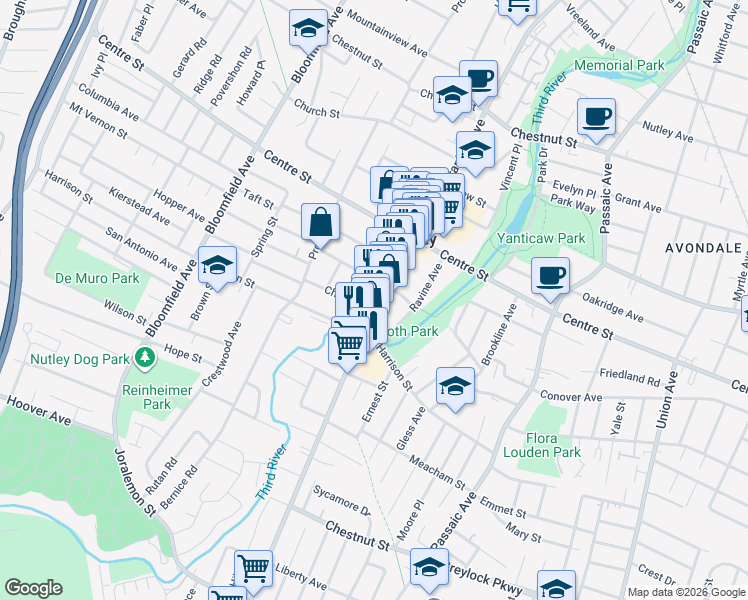 map of restaurants, bars, coffee shops, grocery stores, and more near 47 Stager Street in Nutley