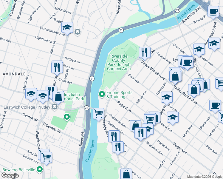 map of restaurants, bars, coffee shops, grocery stores, and more near 457 Riverside Avenue in Lyndhurst